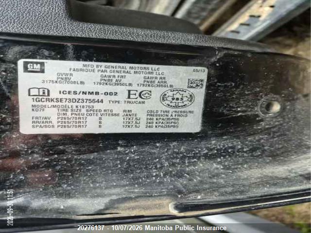 20276137 :رقم المزاد ، 1GCRKSE73DZ375644 vin ، 2013 Chevrolet Silverado 1500 Lt Ext Cab مزاد بيع
