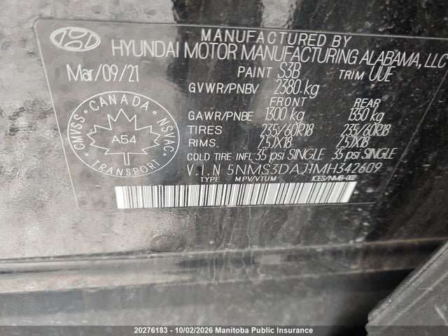 2021 Hyundai Santa Fe Preferred მანქანა იყიდება აუქციონზე, vin: 5NMS3DAJ1MH342609, აუქციონის ნომერი: 20276183