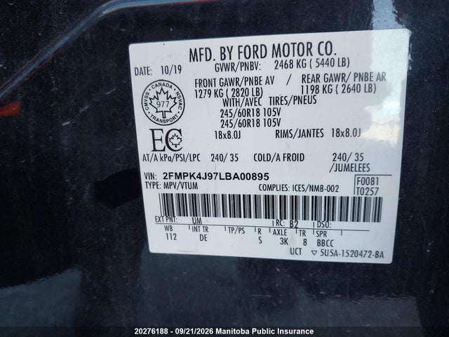 Ford EDGE SEL 2020 2FMPK4J97LBA00895 Image 8