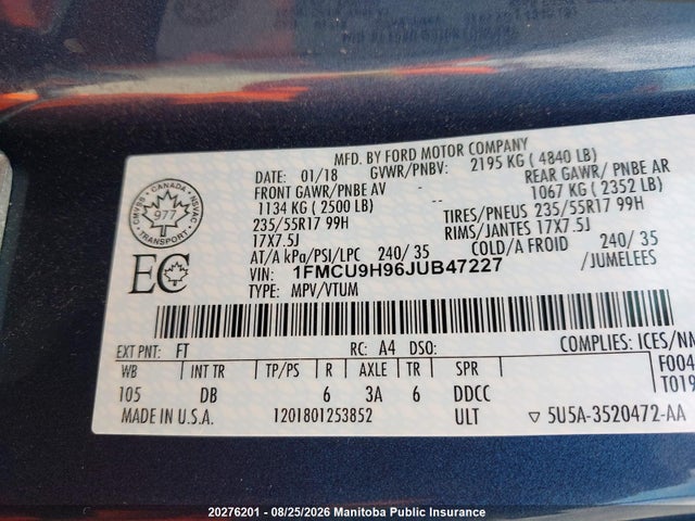 1FMCU9H96JUB47227 Ford ESCAPE SEL