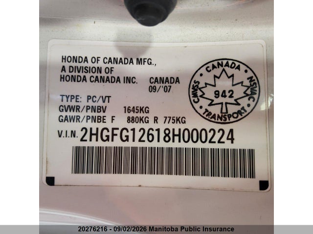 Продаж на аукціоні авто 2008 Honda Civic Lx, vin: 2HGFG12618H000224, номер лоту: 20276216