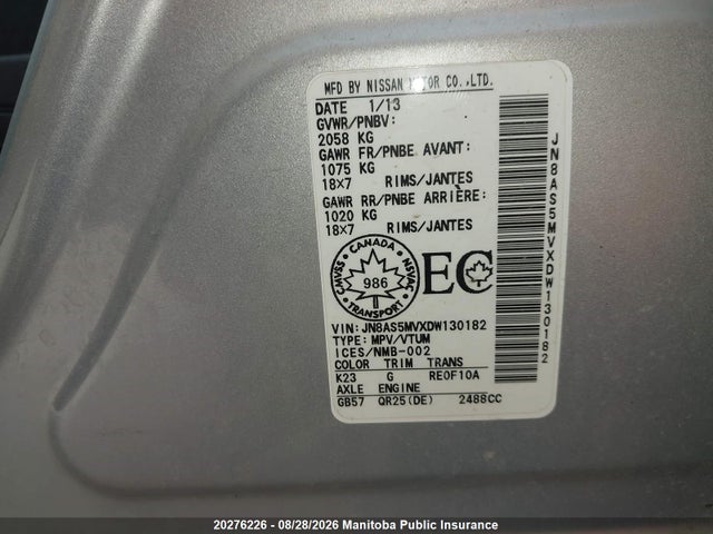 20276226 :رقم المزاد ، JN8AS5MVXDW130182 vin ، 2013 Nissan Rogue Sv مزاد بيع