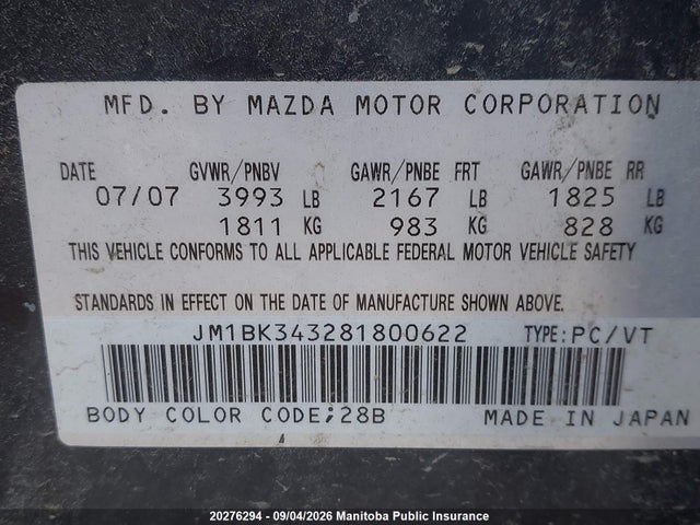 Продажа на аукционе авто 2008 Mazda 3 Hatchback, vin: JM1BK343281800622, номер лота: 20276294