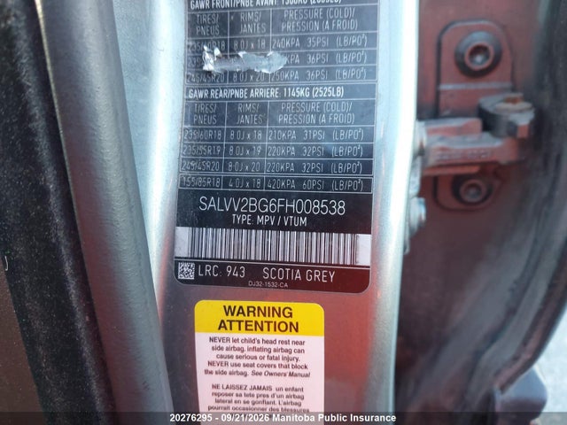 20276295 :رقم المزاد ، SALVV2BG6FH008538 vin ، 2015 Land Rover Range Rover Evoque مزاد بيع