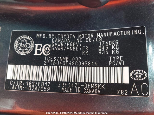 20276298 :رقم المزاد ، 2T1BU40E49C095844 vin ، 2009 Toyota Corolla S/le/xle مزاد بيع
