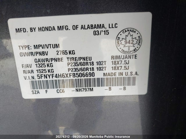 Honda Pilot Ex-l 2015 5FNYF4H6XFB506690 Image 9