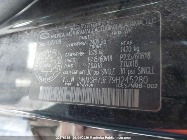 2009 Hyundai Santa Fe Limited მანქანა იყიდება აუქციონზე, vin: 5NMSH73E79H245280, აუქციონის ნომერი: 20276335