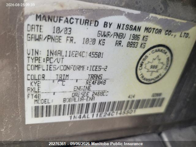 Aukcja sprzedaży 2004 Nissan Altima 2.5 Sl, vin: 1N4AL11E24C145501, numer aukcji: 20276361