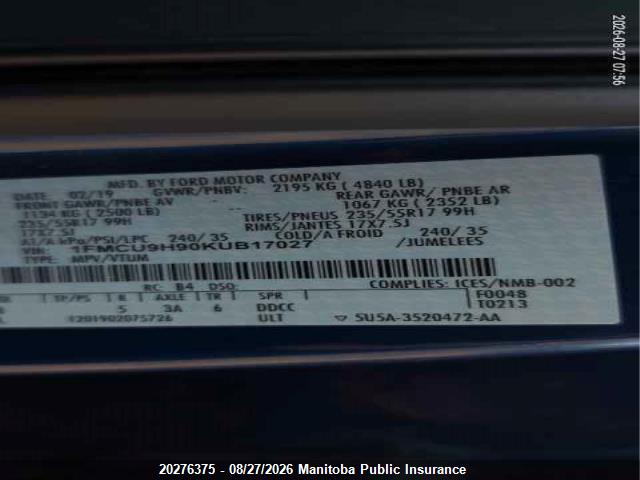 1FMCU9H90KUB17027 Ford ESCAPE SEL