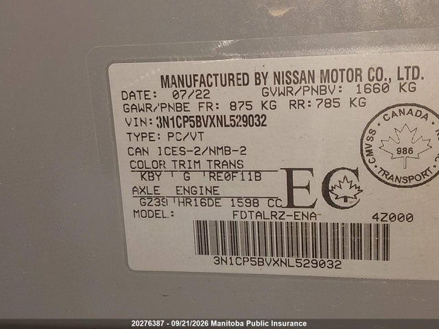 Aukcja sprzedaży 2022 Nissan Kicks S, vin: 3N1CP5BVXNL529032, numer aukcji: 20276387