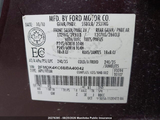 Продаж на аукціоні авто 2011 Ford Edge Sport, vin: 2FMDK4KC6BBA40042, номер лоту: 20276395
