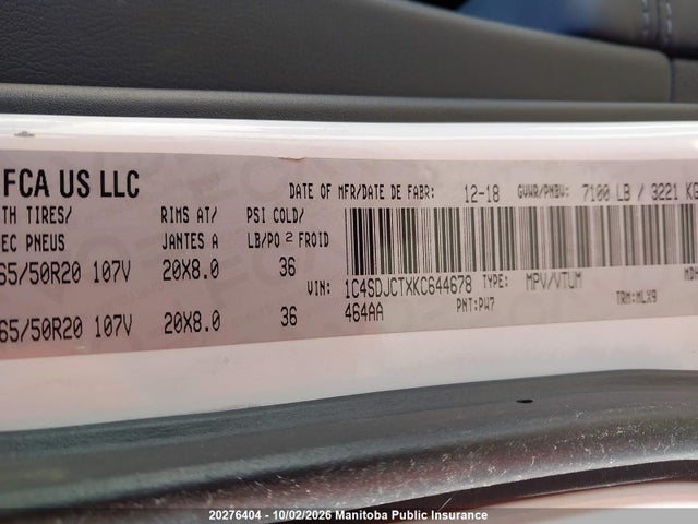 20276404 :رقم المزاد ، 1C4SDJCTXKC644678 vin ، 2019 Dodge Durango R/t مزاد بيع