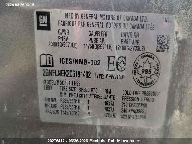 Aukcja sprzedaży 2012 Chevrolet Equinox Lt, vin: 2GNFLNEK2C6191402, numer aukcji: 20276412