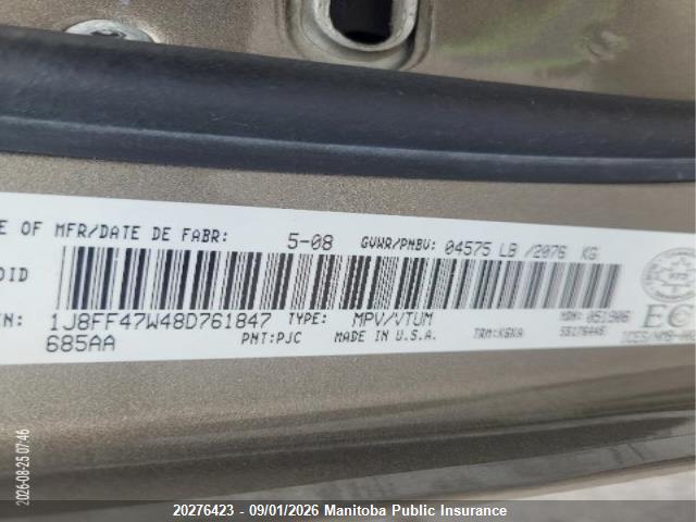 20276423 :رقم المزاد ، 1J8FF47W48D761847 vin ، 2008 Jeep Compass North مزاد بيع