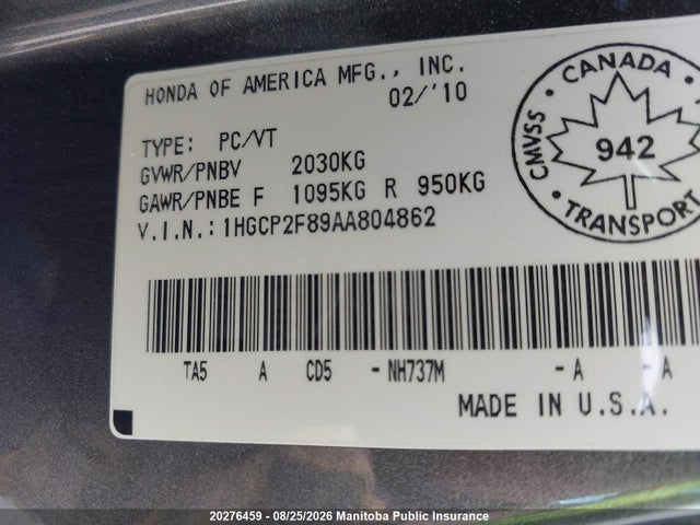 Aukcja sprzedaży 2010 Honda Accord Ex-l, vin: 1HGCP2F89AA804862, numer aukcji: 20276459