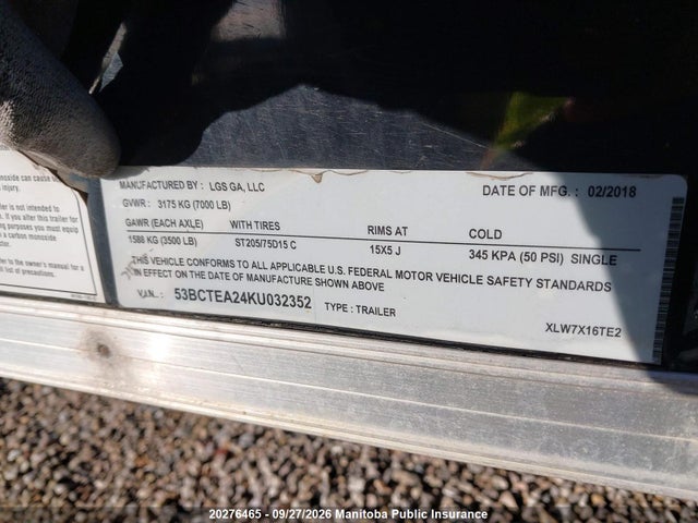 2019 Utility Trailer Cargo Express მანქანა იყიდება აუქციონზე, vin: 53BCTEA24KU032352, აუქციონის ნომერი: 20276465