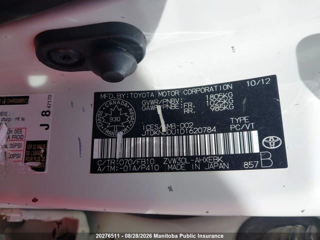 20276511 :رقم المزاد ، JTDKN3DU1D1620784 vin ، 2013 Toyota Prius مزاد بيع