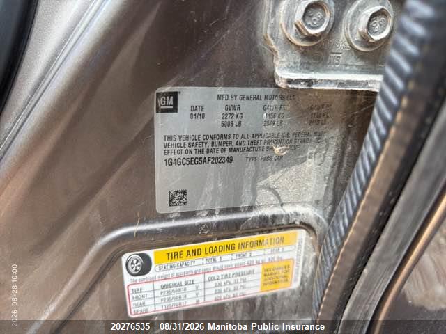 20276535 :رقم المزاد ، 1G4GC5EG5AF202349 vin ، 2010 Buick Lacrosse Cx V6 مزاد بيع