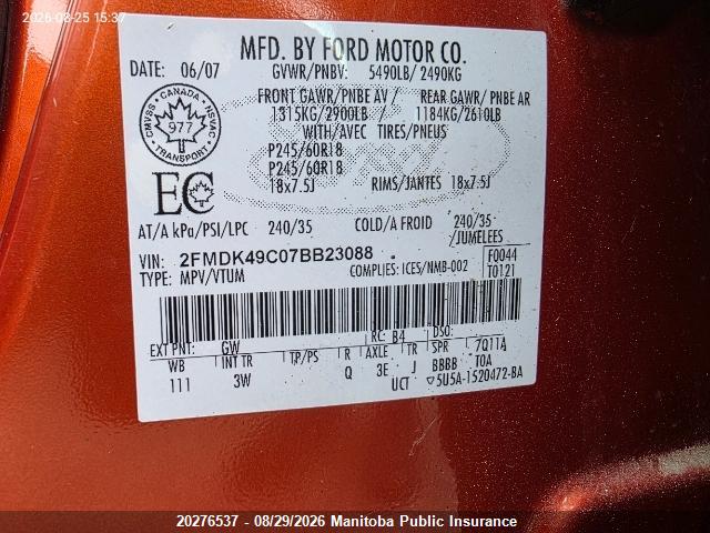 Aukcja sprzedaży 2007 Ford Edge Sel, vin: 2FMDK49C07BB23088, numer aukcji: 20276537