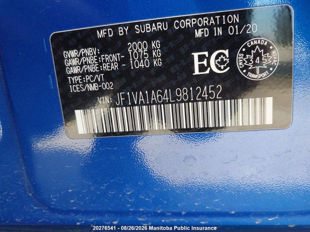 Продаж на аукціоні авто 2020 Subaru Wrx, vin: JF1VA1A64L9812452, номер лоту: 20276541