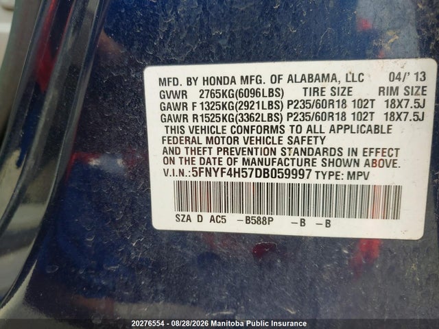 Продаж на аукціоні авто 2013 Honda Pilot Ex-l, vin: 5FNYF4H57DB059997, номер лоту: 20276554