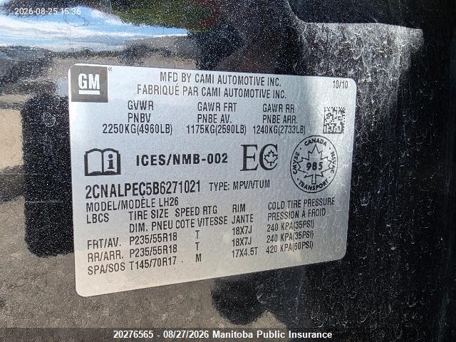 2011 Chevrolet Equinox Lt მანქანა იყიდება აუქციონზე, vin: 2CNALPEC5B6271021, აუქციონის ნომერი: 20276565