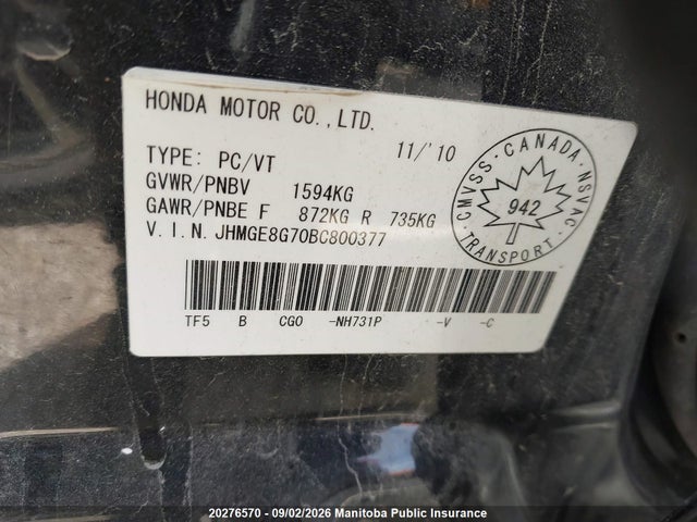 2011 Honda Fit Sport მანქანა იყიდება აუქციონზე, vin: JHMGE8G70BC800377, აუქციონის ნომერი: 20276570