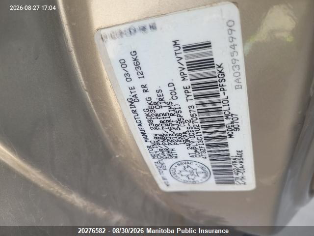 2000 Toyota Sienna Le V6 Le V6 მანქანა იყიდება აუქციონზე, vin: 4T3ZF13C1YU270573, აუქციონის ნომერი: 20276582