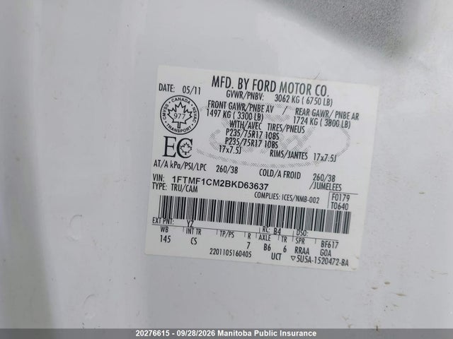 Продаж на аукціоні авто 2011 Ford F150 Xl Pickup, vin: 1FTMF1CM2BKD63637, номер лоту: 20276615