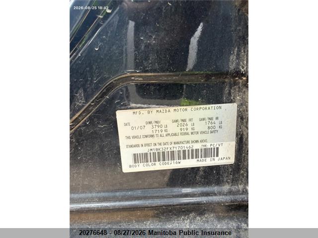 Aukcja sprzedaży 2007 Mazda Mazda3 I, vin: JM1BK32FX71701462, numer aukcji: 20276648