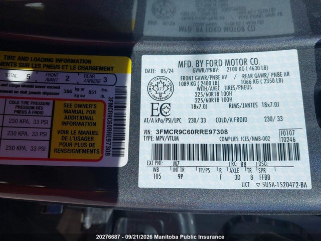 20276687 :رقم المزاد ، 3FMCR9C60RRE97308 vin ، 2024 Ford Bronco Sport Outer Banks مزاد بيع