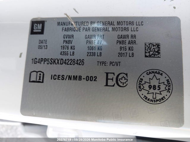2013 Buick Verano მანქანა იყიდება აუქციონზე, vin: 1G4PP5SKXD4228426, აუქციონის ნომერი: 20276719