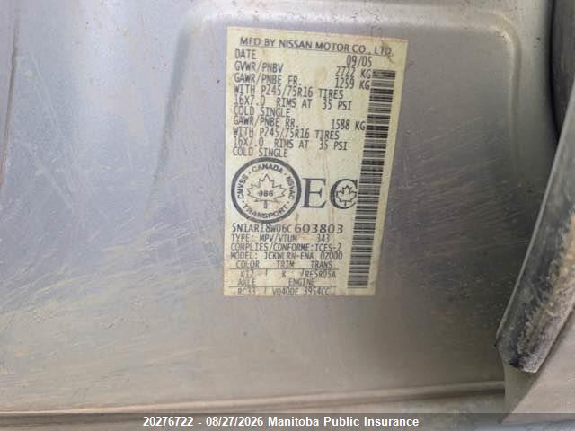 2006 Nissan Pathfinder S მანქანა იყიდება აუქციონზე, vin: 5N1AR18W06C603803, აუქციონის ნომერი: 20276722