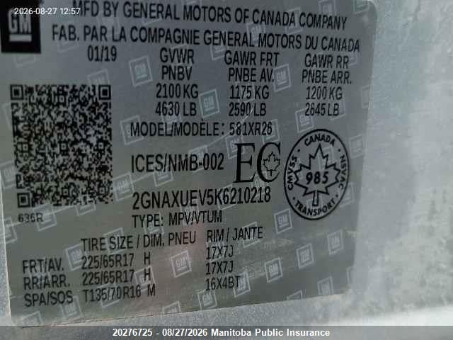 Chevrolet EQUINOX LT 2019 2GNAXUEV5K6210218 Image 9