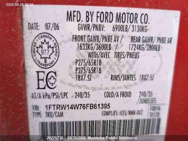Aukcja sprzedaży 2006 Ford F150 Xlt Supercrew, vin: 1FTRW14W76FB61395, numer aukcji: 20276730