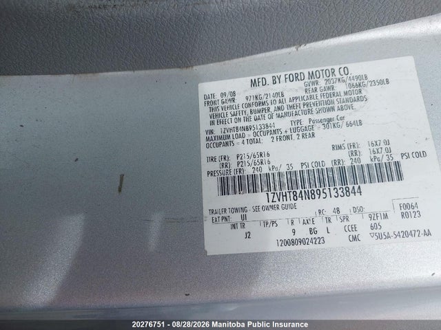 20276751 :رقم المزاد ، 1ZVHT84N895133844 vin ، 2009 Ford Mustang مزاد بيع