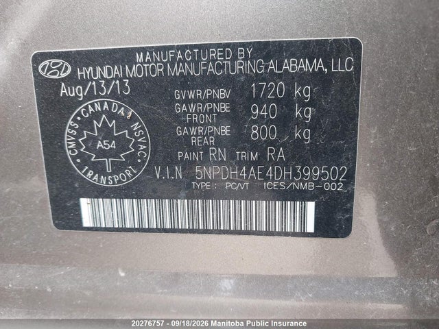 2013 Hyundai Elantra Gl მანქანა იყიდება აუქციონზე, vin: 5NPDH4AE4DH399502, აუქციონის ნომერი: 20276757