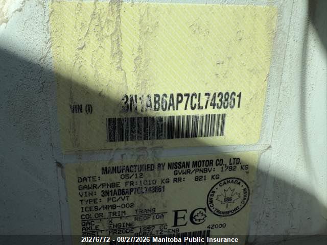 Aukcja sprzedaży 2012 Nissan Sentra 2.0 Sr, vin: 3N1AB6AP7CL743861, numer aukcji: 20276772