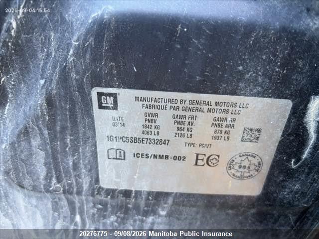 20276775 :رقم المزاد ، 1G1PC5SB5E7332847 vin ، 2014 Chevrolet Cruze Lt Turbo مزاد بيع