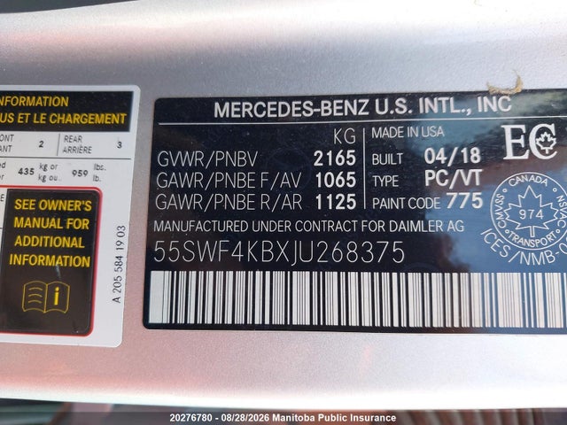 55SWF4KBXJU268375 Mercedes Benz C300w 4matic