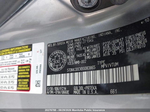 2011 Toyota Sienna Le V6 მანქანა იყიდება აუქციონზე, vin: 5TDKK3DCXBS083865, აუქციონის ნომერი: 20276788