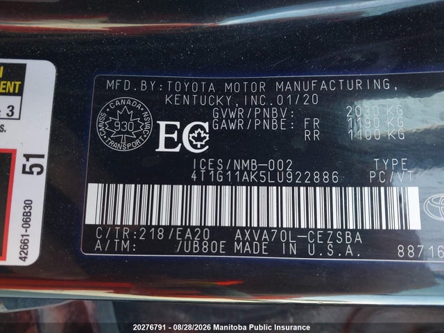 Toyota CAMRY SE 2020 4T1G11AK5LU922886 Image 8