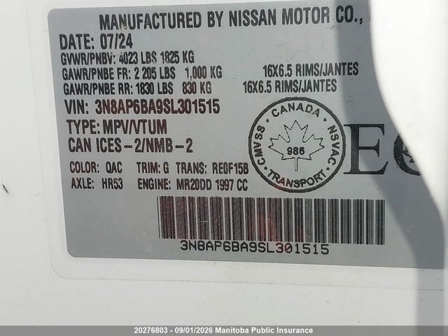 Aukcja sprzedaży 2025 Nissan Kicks S, vin: 3N8AP6BA9SL301515, numer aukcji: 20276803