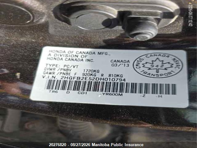 Aukcja sprzedaży 2013 Honda Civic Ex, vin: 2HGFB2E52DH010794, numer aukcji: 20276820