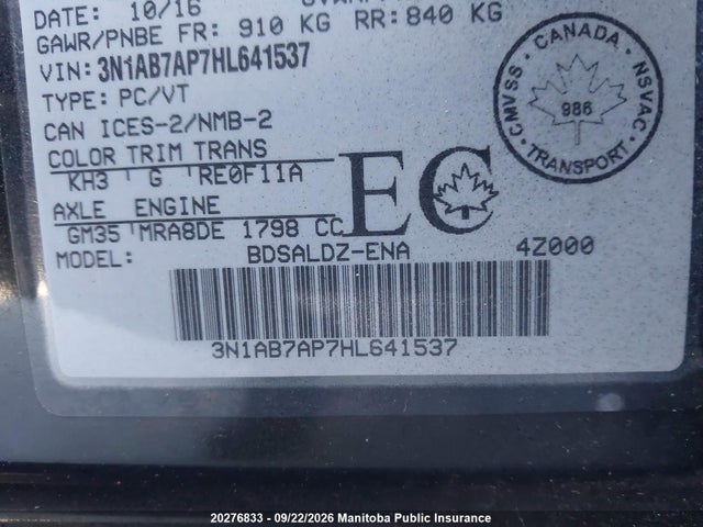 20276833 :رقم المزاد ، 3N1AB7AP7HL641537 vin ، 2017 Nissan Sentra 1.8 Sv مزاد بيع