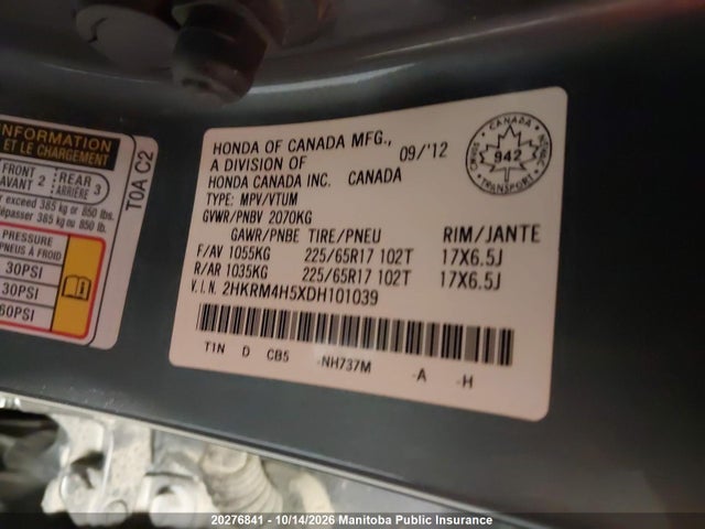 20276841 :رقم المزاد ، 2HKRM4H5XDH101039 vin ، 2013 Honda Cr-v Ex مزاد بيع