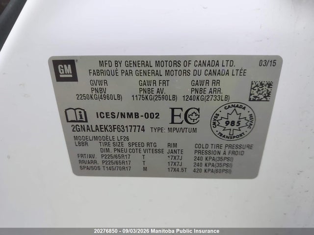 2015 Chevrolet Equinox Ls მანქანა იყიდება აუქციონზე, vin: 2GNALAEK3F6317774, აუქციონის ნომერი: 20276850