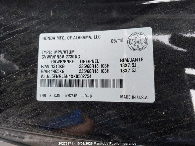 Aukcja sprzedaży 2019 Honda Odyssey Ex, vin: 5FNRL6H4XKB502754, numer aukcji: 20276871