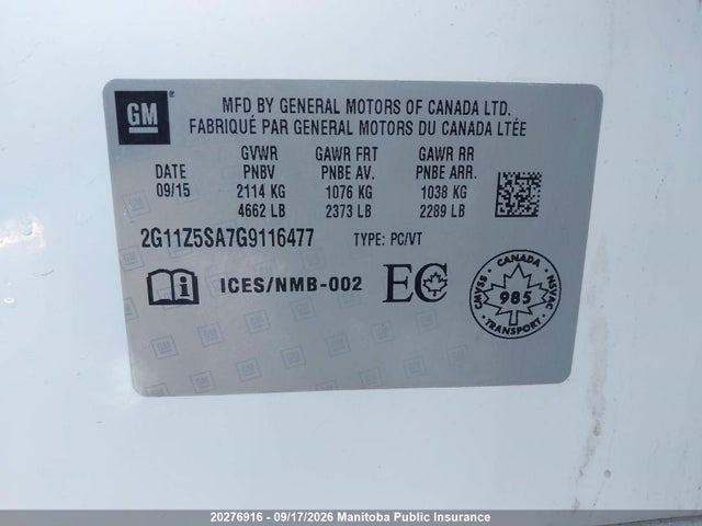 Chevrolet IMPALA LS 2016 2G11Z5SA7G9116477 Image 9