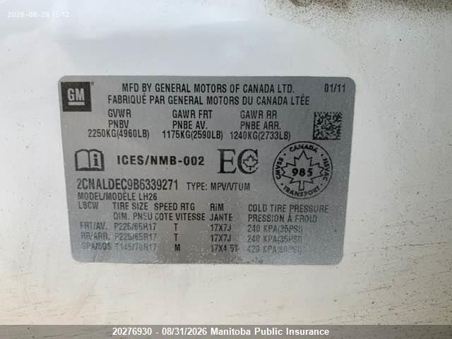 2011 Chevrolet Equinox Lt მანქანა იყიდება აუქციონზე, vin: 2CNALDEC9B6339271, აუქციონის ნომერი: 20276930